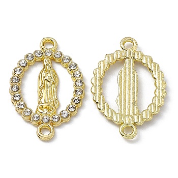 Religion Alloy Connector Charms, with Rhinestones, Flat Round Links with Virgin Pattern, Light Gold, Crystal, 23x15x2mm, Hole: 1.6mm