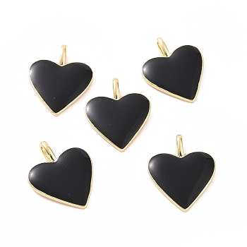 Brass Enamel Pendants, Long-Lasting Plated, Real 18K Gold Plated, Heart, Black, 24x19x1.5mm, Hole: 6x3mm