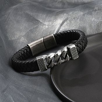 Braided Leather Cord Bracelets for Men, with 316 Surgical Stainless Steel Findings, Antique Silver, 7-7/8 inch(20cm)