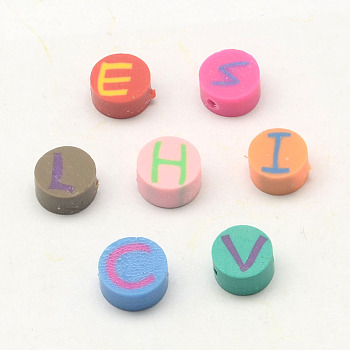 Handmade Polymer Clay Flat Round with Capital Letter Beads, Mixed Color, 6x4mm, Hole: 2mm