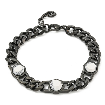 304 Stainless Steel & Natural Howlite Polygon Link Bracelets for Women, Gunmetal, 7-1/2 inch(19cm)