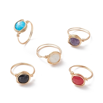 Natural Mixed Gemstone Flat Round Finger Rings, Golden Copper Wire Wrap Jewelry for Women, Inner Diameter: 18.7~20.5mm