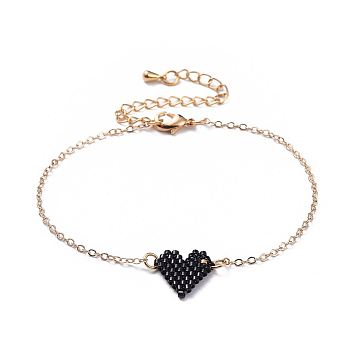 Link Bracelets, with Handmade Japanese Seed Beads, Brass Cable Chains & Extension Chains, Heart, Black, 6-7/8 inch(17.5cm)