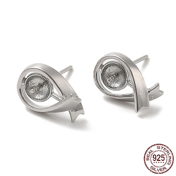 Rhodium Plated 925 Sterling Silver Stud Earring Findings, for Half Drilled Beads, Ribbon, with S925 Stamp, Real Platinum Plated, 12.5x8mm, Pin: 0.9mm and 11x0.9mm