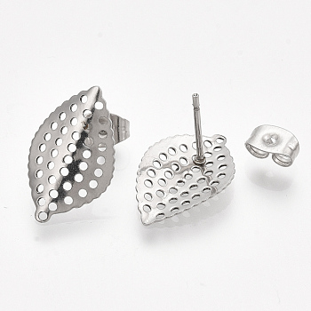 304 Stainless Steel Stud Earring Findings, with Loop and Ear Nuts/Earring Backs, Leaf, Stainless Steel Color, 18x11mm, Hole: 0.9mm, Pin: 0.7mm