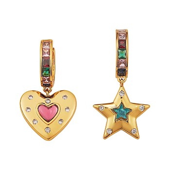 Colorful Cubic Zirconia Star and Heart Dangle Hoop Earrings, Brass Asymmetrical Earrings for Women, Golden, 32~18x19mm