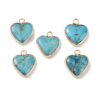 Dyed Synthetic Imperial Jasper Pendants, Brass Heart Charms, Golden, Dark Turquoise, 19x16x4.5~5.5mm, Hole: 2.7mm