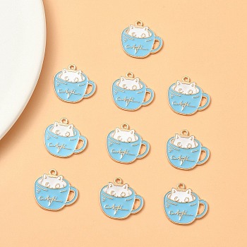 Alloy Enamel Pendants, Light Gold, Cup with Cat Charm, Sky Blue, 18.5x20x1mm, Hole: 1.5mm
