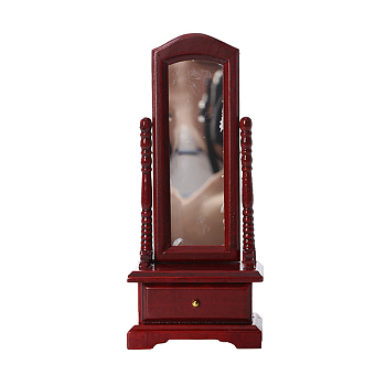 Wooden Mini Full-Length Dressing Mirror with Drawer, for Doll House Decor, Dark Red, 58x26x134mm