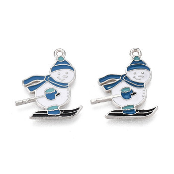 Rack Plating Alloy Enamel Snowman Pendants, Cadmium Free & Nickel Free & Lead Free, Platinum, Steel Blue, 25x21x1~1.5mm, Hole: 1.5mm