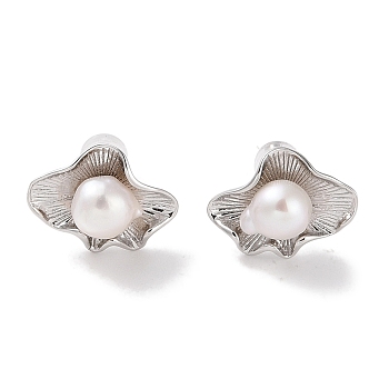 Sterling Silver Stud Earrings, with Natural Pearl, Jewely for Women, Flower, Platinum, 12.5x16mm