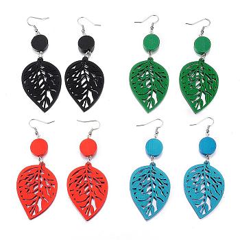 Trendy Leaf Wood Dangle Earrings, with Platinum Tone Alloy Earring Hooks, Mixed Color, 89~92x34~36mm, pin: 0.8mm