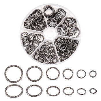 Elite 6 Styles Iron Open Linking Rings, Textured, Round Ring, Gunmetal, 8~20x1.2~1.8mm, Inner Diameter: 5.5~16.7mm, about 222pcs/bag
