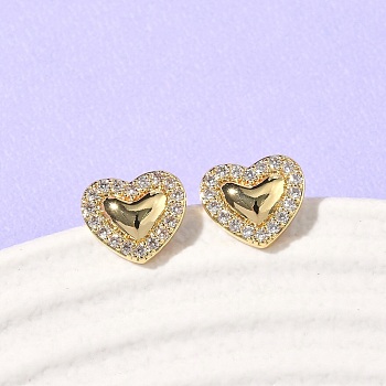 Heart Brass Micro Pave Clear Cubic Zirconia Stud Earrings, Long-Lasting Plated, Cadmium Free & Lead Free, Real 18K Gold Plated, 8x9.5mm