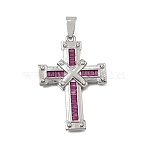 Brass Micro Pave Magenta Cubic Zirconia Pendants, Cross Charms, Platinum, 38x25x3mm, Hole: 8x3.5mm(CU-CBA4BAF-03P)