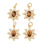 Natural Tiger Eye Pendants, Sun Charms with Brass Micro Pave Clear Cubic Zirconia Settings, Real 18K Gold Plated, 17x13.5x4mm, Hole: 3.5mm(KK-H538-15G)