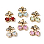 Alloy Rhinestone Pendants, Cherry Charms, with Glass, UV Plating, Mixed Color, Golden, 18.7x15x4mm, Hole: 1.8mm(FIND-K032-06G)
