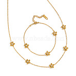 304 Stainless Steel Flower Link Chain Necklaces and Bracelets, Real 18K Gold Plated, Necklace: 16.14 inch(41cm), Bracelets: 7-1/8 inch(18cm)(DF0903-3)