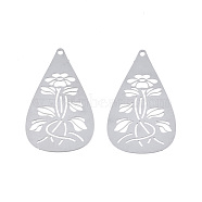201 Stainless Steel Pendants, Etched Metal Embellishments, Teardrop with Flower, Stainless Steel Color, 35x20.5x0.3mm, Hole: 1.4mm(STAS-N102-22P)