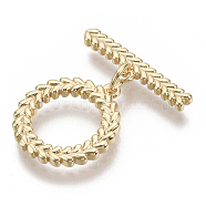 Brass Toggle Clasps, Nickel Free, Leaf, Real 18K Gold Plated, 24mm, Bar: 20x5x2mm, hole: 1.2mm, Ring: 17x15x2mm, hole: 1.2mm, Jump Ring: 5x1mm(KK-S354-221-NF)
