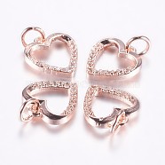 Long-Lasting Plated Brass Micro Pave Cubic Zirconia Charms, Hollow Heart, Real Rose Gold Plated, 11.5x11x2mm, Hole: 3mm(ZIRC-F069-39RG)