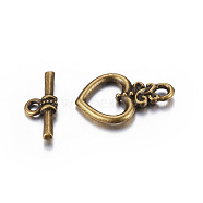 Tibetan Style Toggle Clasps, Lead Free, Cadmium Free and Nickel Free, Heart, Antique Bronze Color, Heart: about 21mm long, 13mm wide, hole: 2mm, Bar: 16.5mm long, hole: 1.5mm(X-MLF1526Y-NF)