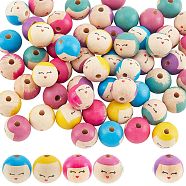 ARRICRAFT 40pcs 4 colors Wood Beads, Dyed, Round with Printed Smiling Face, Mixed Color, 24x22.5mm, Hole: 5.6mm, 10pcs/color(WOOD-AR0001-20)