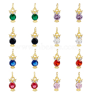 16PCS 8Colors Brass Micro Pave Cubic Zirconia Charms, Real 18K Gold Plated, Cadmium Free & Lead Free, Owl, Mixed Color, 11x6x3mm, Hole: 3.8mm, 2pcs/color(KK-DC0003-74)