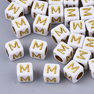 Plating Acrylic Beads, Horizontal Hole, Golden Metal Enlaced, Alphabet Style, Cube, Letter.M, 5.5~6x5.5~6x5.5~6mm, Hole: 3.5mm, about 3000pcs/500g(SACR-S297-09M)