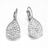 316 Surgical Stainless Steel Leverback Earrings, teardrop, with Rhinestones, Crystal, 24x11x3.5mm, Pin: 0.8mm(EJEW-K042-17P)