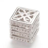 Brass Micro Pave Cubic Zirconia Beads, Real Platinum Plated, Cube, 10.5x10.5x10.5mm, Hole: 1mm(ZIRC-F062-25P)