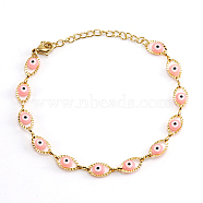 Golden Stainless Steel Enamel Horse Eye Link Chain Bracelets, Pink, 6-3/4 inch(17cm)(JM1854-5)