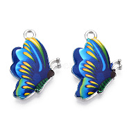 Printed Alloy Pendants, with Enamel, Butterfly, Platinum, Blue, 24.5x16x2mm, Hole: 2mm(X-PALLOY-R111-25A)