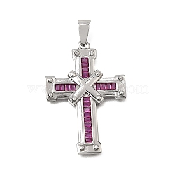 Brass Micro Pave Magenta Cubic Zirconia Pendants, Cross Charms, Platinum, 38x25x3mm, Hole: 8x3.5mm(CU-CBA4BAF-03P)