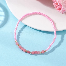 Glass Seed Bead & Dyed Natural White Jade Beads Bracelets for Women, Round, with Brass Beads, Pink, Beads: 2.5~4.5mm, Inner Diameter: 2.17 inch(5.5cm)(BJEW-MZ00311-02)
