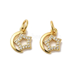 Rack Plating Brass Micro Pave Cubic Zirconia Pendants, with Jump Ring, Long-Lasting Plated, Lead Free & Cadmium Free, Moon with Star Charm, Real 18K Gold Plated, 11x9x2mm, Hole: 3mm(KK-K377-68G)
