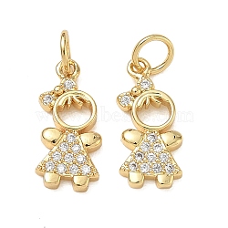Brass Micro Pave Clear Cubic Zirconia Pendants, Girl with Bowknot Charms, Rack Plating, Cadmium Free & Lead Free, Real 18K Gold Plated, 16x7x2mm, Hole: 3.5mm(CU-CBA9AFC-01G-32)
