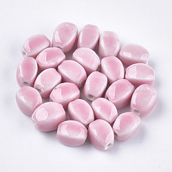 Handmade Porcelain Beads, Bright Glazed Porcelain Style, Oval, Pink, 14x10.5x11mm, Hole: 2.5mm(X-PORC-S498-08B)