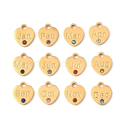 Birthday 304 Stainless Steel Micro Pave Cubic Zirconia Charms, Heart with December Birthstone Charms, Golden, Mixed Color, 9x8x1.5mm, Hole: 1.5mm, about 12pcs/set(CU-CBA9CF9-01G)