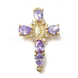 Rack Plating Brass Micro Pave Cubic Zirconia Links, Long-Lasting Plated, Cadmium Free & Lead Free, Cross with Virgin Mary Connector Charms, Lilac, 40x24.5x7mm, Hole: 1.8mm(KK-P287-51G-05)