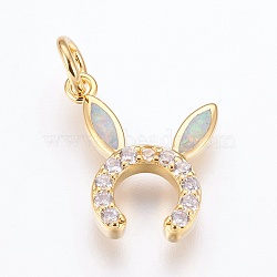 Brass Cubic Zirconia Bunny Pendants, with Synthetic Opal, Rabbit Ears, Golden, White, 17x15x3mm, Hole: 4mm(ZIRC-G144-07G-01)