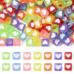 350Pcs 7 Colors Spray Painted Transparent Acrylic Beads, Cube with Heart, Mixed Color, 7x6.5x6.5mm, Hole: 3.8~4mm,  about 50pcs/color(OACR-FS0002-52)