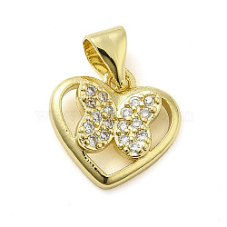 Rack Plating Brass Micro Pave Clear Cubic Zirconia Charms, Long-Lasting Plated, Cadmium Free & Lead Free, Heart with Butterfly Charm, Real 18K Gold Plated, 11x12x3.5mm, Hole: 4x3.5mm(KK-Q784-07G)