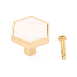 Hexagon with Marble Pattern Brass Box Handles & Knobs, with Resin Cabochons and Iron Screws, Matte Gold Color, White, 29.5x34x24.5mm, Hole: 3.5mm(DIY-P054-C02)