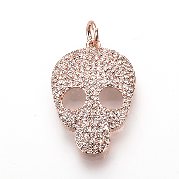 Brass Micro Pave Cubic Zirconia Pendants, with Jump Rings, Skull, Rose Gold, 28x18.5x4mm, Hole: 3mm