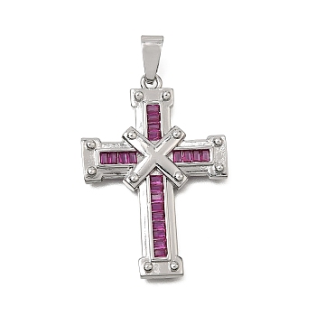 Brass Micro Pave Magenta Cubic Zirconia Pendants, Cross Charms, Platinum, 38x25x3mm, Hole: 8x3.5mm