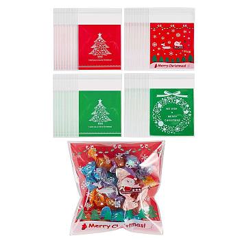 400 Pcs 4 Styles Self-Adhesive Christmas Candy Bags, Plastic Bags, for Cookie Candy Chocolate Party Gift Supplies, Mixed Patterns, Mixed Color, 132x103mm