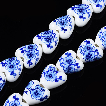 Handmade Porcelain Ceramic Beads Strands, Flower Printed, Heart, Cornflower Blue, 15x15x7mm, Hole: 3mm, about 23pcs/strand, 12.8 inches(32.5cm)