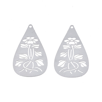 201 Stainless Steel Pendants, Etched Metal Embellishments, Teardrop with Flower, Stainless Steel Color, 35x20.5x0.3mm, Hole: 1.4mm