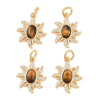 Natural Tiger Eye Pendants, Sun Charms with Brass Micro Pave Clear Cubic Zirconia Settings, Real 18K Gold Plated, 17x13.5x4mm, Hole: 3.5mm